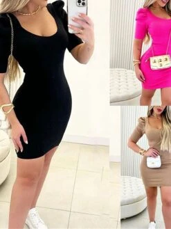 Women's Sweater Dress Jumper Dress Casual Dress Mini Dress Fashion Plain Outdoor Casual Daily Going Out U Neck Short Sleeve 2023 Slim Black Red Khaki S M L XL XXL 3XL -HANA Luxury Wear Shop odzlec1694427038495