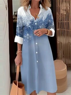 Women's Shirt Dress Casual Dress Midi Dress Outdoor Office Daily Polyester Fashion Modern Shirt Collar Button Pocket Long Sleeve Fall Winter 2023 Loose Fit Pink Blue Snowflake S M L XL 2XL -HANA Luxury Wear Shop oedvvc1694427909136