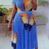 Women's Two Piece Dress Set Casual Dress Skirt Set Outdoor Vacation Streetwear Casual Pleated Print Midi Dress Crew Neck Short Sleeve Butterfly Slim Blue Summer Spring S M L XL XXL -HANA Luxury Wear Shop oeqqaf1685013584487
