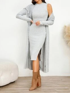 Women's Two Piece Dress Set Casual Dress Sheath Dress Home Daily Fashion Streetwear Split Midi Dress Stand Collar Long Sleeve Plain Slim Black Army Green Gray Fall Winter S M L XL XXL -HANA Luxury Wear Shop ofabop1695813696806