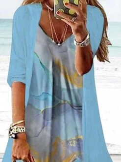 Women's Two Piece Dress Set Casual Dress Print Dress Daily Holiday Fashion Casual Print Maxi Dress V Neck Half Sleeve Marble Print Regular Fit Blue Summer Spring S M L XL XXL -HANA Luxury Wear Shop ofueno1679467282663