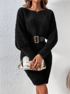 Women's Sweater Dress Winter Dress Jumper Dress Midi Dress Patchwork Street Daily Date Fashion Streetwear Crew Neck Long Sleeve 2023 Slim Black White Khaki Color S M L XL Size -HANA Luxury Wear Shop ogkqsf1692095371155