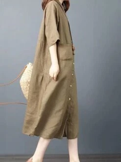 Women's Shirt Dress Casual Dress Cotton Dress Midi Dress Cotton Basic Classic Outdoor Daily Vacation Shirt Collar Button Pocket Half Sleeve Spring Fall Winter 2023 Loose Fit ArmyGreen Orange Plain S -HANA Luxury Wear Shop ogqtzv1692695051351