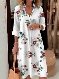 Women's Shirt Dress Casual Dress Midi Dress Outdoor Daily Date Polyester Fashion Modern Shirt Collar Button Pocket Long Sleeve Fall Winter 2023 Loose Fit Black White Wine Floral S M L XL 2XL -HANA Luxury Wear Shop oguagb1695367376980