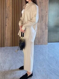 Women's Two Piece Dress Set Casual Dress Skirt Set Outdoor Daily Fashion Streetwear Button Pocket Long Dress Maxi Dress Shirt Collar Long Sleeve Plain Loose Fit Brown Green Beige Fall Winter S M L XL -HANA Luxury Wear Shop ohjpix1693534952235