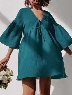 Women's Casual Dress Cotton Dress Swing Dress Mini Dress Cotton Fashion Modern Outdoor Daily Holiday V Neck Lace Up Ruched 3/4 Length Sleeve Fall Winter Autumn 2023 Loose Fit Light Green Blue Purple