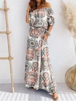 Women's Two Piece Dress Set Casual Dress Skirt Set Outdoor Daily Modern Casual Pocket Drawstring Long Dress Maxi Dress Off Shoulder Half Sleeve Floral Loose Fit Blue Gray Summer Spring S M L XL XXL -HANA Luxury Wear Shop ohrzfc1681958075958