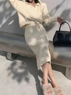 Women's Two Piece Dress Set Casual Dress Skirt Set Outdoor Daily Fashion Streetwear Patchwork Midi Dress Hooded Long Sleeve Plain Loose Fit Black Khaki Apricot Fall Winter One-Size -HANA Luxury Wear Shop oijxic1695722087412