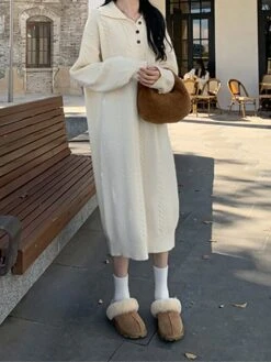 Women's Sweater Dress Jumper Dress Casual Dress Midi Dress Fashion Pure Color Outdoor Daily Vacation Going Out Lapel Long Sleeve Patchwork Button 2023 Regular Fit White Camel One Size -HANA Luxury Wear Shop oivcmk1695280922204