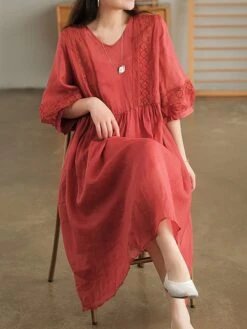 Women's Casual Dress Cotton Linen Dress Swing Dress Midi Dress Cotton Blend Basic Casual Outdoor Daily V Neck Ruched 3/4 Length Sleeve Summer Spring 2023 Loose Fit Black White Yellow Pure Color M L -HANA Luxury Wear Shop ojabpk1677135405474