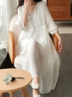 Women's Casual Dress Cotton Linen Dress Swing Dress Midi Dress Cotton Blend Basic Casual Outdoor Daily V Neck Ruched 3/4 Length Sleeve Summer Spring 2023 Loose Fit Black White Yellow Pure Color M L -HANA Luxury Wear Shop ojvgnb1677135412052