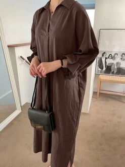 Women's Shirt Dress Casual Dress Cotton Linen Dress Maxi Long Dress Linen / Cotton Blend Basic Classic Outdoor Daily Vacation Shirt Collar Button Split Long Sleeve Spring Fall Autumn 2023 Loose Fit -HANA Luxury Wear Shop ojxyxw1692084355233