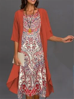 Women's Two Piece Dress Set Casual Dress Print Dress Outdoor Daily Fashion Elegant Print Midi Dress Crew Neck 3/4 Length Sleeve Floral Loose Fit Pink Navy Blue Royal Blue Summer Spring S M L XL XXL -HANA Luxury Wear Shop olwlfr1689230895406