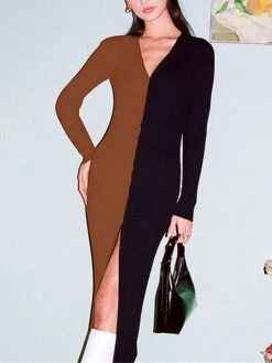 Women's Sweater Dress Winter Dress Jumper Dress Midi Dress Patchwork Button Daily Date Going Out Active Fashion V Neck Long Sleeve 2023 Regular Fit Red Blue Brown Color S M L XL XXL Size -HANA Luxury Wear Shop omawkr1692849261291