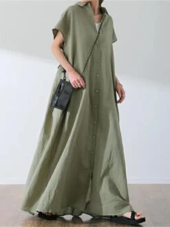Women's Shirt Dress Casual Dress Swing Dress Maxi Long Dress Outdoor Daily Date Polyester Fashion Modern Shirt Collar Button Short Sleeve Fall 2023 Loose Fit ArmyGreen Blue Brown Plain S M L XL -HANA Luxury Wear Shop omcstn1693451924645