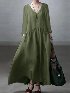 Women's Casual Dress Cotton Dress Swing Dress Maxi Long Dress Cotton Basic Classic Outdoor Daily Vacation V Neck Ruched Long Sleeve Spring Fall Winter 2023 Loose Fit ArmyGreen Black White Plain S M L -HANA Luxury Wear Shop omfsig1692341096938