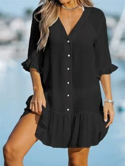 Women's Shirt Dress Casual Dress Mini Dress Outdoor Daily Polyester Hot Basic Shirt Collar Ruffle Button Half Sleeve Summer Spring 2023 Loose Fit Black White Apricot Plain S M L XL 2XL -HANA Luxury Wear Shop omgrnx1689227077878