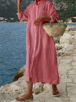 Women's Shirt Dress Casual Dress Cotton Linen Dress Maxi Long Dress Linen / Cotton Blend Basic Classic Outdoor Daily Vacation Shirt Collar Button Pocket Long Sleeve Summer Spring Fall 2023 Loose Fit -HANA Luxury Wear Shop omsaff1692084514003
