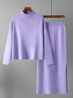 Women's Two Piece Dress Set Casual Dress Skirt Set Outdoor Daily Fashion Streetwear Split Ribbed Midi Dress Turtleneck Long Sleeve Plain Loose Fit Black Light Green Blue Fall One-Size -HANA Luxury Wear Shop ondtau1693278290430