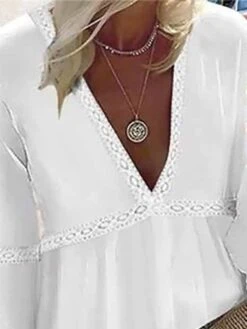 Women's Cotton Linen Dress Casual Dress Midi Dress Cotton Blend Fashion Basic Outdoor Daily Vacation Deep V Lace Patchwork Long Sleeve Summer Spring Fall 2023 Loose Fit White Plain S M L XL 2XL -HANA Luxury Wear Shop onlxgl1681211720169