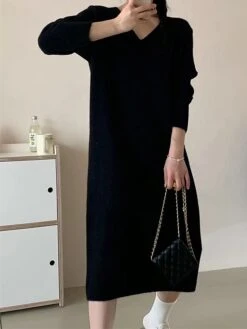 Women's Sweater Dress Jumper Dress Casual Dress Midi Dress Fashion Pure Color Outdoor Daily Vacation Going Out V Neck Long Sleeve Patchwork 2023 Regular Fit Black White Pink One Size -HANA Luxury Wear Shop onvqfm1695351277934