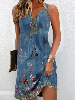 Women's Two Piece Dress Set Casual Dress Tank Dress Outdoor Daily Active Fashion Print Midi Dress V Neck Short Sleeve Floral Regular Fit Blue Summer Spring S M L XL XXL -HANA Luxury Wear Shop ooeizj1686651945685
