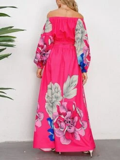 Women's Two Piece Dress Set Casual Dress Skirt Set Daily Going Out Casual Ruched Print Long Dress Maxi Dress Off Shoulder Long Sleeve Floral Regular Fit Blue Green Rose Red Fall Winter S M L XL XXL -HANA Luxury Wear Shop oohseu1692339427950