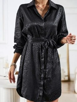 Women's Shirt Dress Midi Dress Outdoor Date Vacation Satin Fashion Elegant Shirt Collar Lace Up Button Long Sleeve Spring Fall Winter 2023 Loose Fit Black Wine Brown Pure Color S M L XL -HANA Luxury Wear Shop oomqnz1692856946626