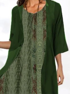 Women's Two Piece Dress Set Casual Dress Daily Vacation Modern Casual Print Midi Dress Crew Neck Half Sleeve Graphic Floral Loose Fit White Dark Green Summer Spring S M L XL XXL -HANA Luxury Wear Shop ooofkv1685013648050