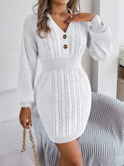 Women's Sweater Dress Winter Dress Jumper Dress Mini Dress Active Pure Color Outdoor Casual Holiday Vacation V Neck Long Sleeve Button 2023 Regular Fit White Pink Green S M L -HANA Luxury Wear Shop opaadp1696926548388