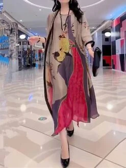Women's Two Piece Dress Set Casual Dress Swing Dress Daily Holiday Fashion Casual Print Long Dress Maxi Dress Crew Neck 3/4 Length Sleeve Leaf Floral Loose Fit Yellow Red Dark Green Summer Spring M L -HANA Luxury Wear Shop opjgpw1691463812414