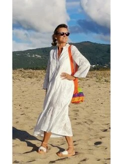Women's Shirt Dress Casual Dress Swing Dress Maxi Long Dress Outdoor Daily Vacation Cotton Fashion Modern Split Neck Lace Button 3/4 Length Sleeve Summer Spring Fall 2023 Loose Fit White Yellow Red -HANA Luxury Wear Shop oppewp1695122500700