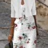 Women's Two Piece Dress Set Casual Dress Shift Dress Outdoor Daily Fashion Modern Print Midi Dress V Neck Half Sleeve Floral Loose Fit White Summer Spring S M L XL XXL -HANA Luxury Wear Shop opucev1681727597275