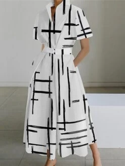 Women's Shirt Dress Casual Dress Swing Dress Maxi Long Dress Outdoor Office Daily Polyester Fashion Modern Shirt Collar Button Pocket Short Sleeve Summer Spring 2023 Loose Fit Black White Pink -HANA Luxury Wear Shop oqbdyo1689925568403