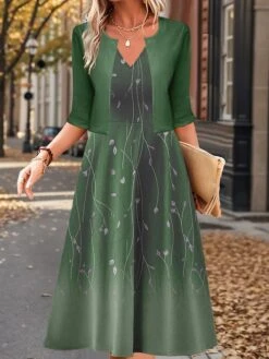 Women's Two Piece Dress Set Casual Dress Swing Dress Outdoor Daily Fashion Elegant Print Midi Dress V Neck Half Sleeve Floral Ombre Regular Fit Blue Purple Green Fall Winter S M L XL XXL -HANA Luxury Wear Shop oqcnnh1697782641286