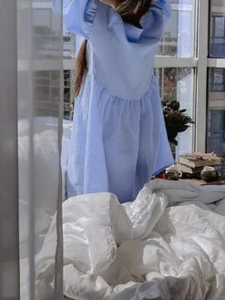 Women's Casual Dress Cotton Linen Dress Mini Dress Cotton Daily Basic Outdoor Home Daily V Neck Ruched Button 3/4 Length Sleeve Fall Autumn 2023 Loose Fit Navy Blue Blue Purple Plain S M L -HANA Luxury Wear Shop oqdbra1692936384007