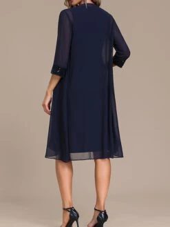 Women's Two Piece Dress Set Lace Dress Daily Vacation Fashion Mature Mesh Sequin Midi Dress Crew Neck Long Sleeve Plain Regular Fit Navy Blue Spring Fall S M L XL XXL -HANA Luxury Wear Shop ordbyi1694163865324