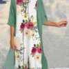 Women's Two Piece Dress Set Casual Dress Print Dress Outdoor Daily Fashion Elegant Print Midi Dress Crew Neck 3/4 Length Sleeve Floral Loose Fit Green Summer Spring S M L XL XXL
