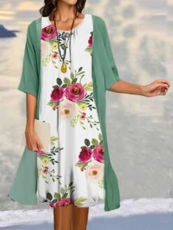 Women's Two Piece Dress Set Casual Dress Print Dress Outdoor Daily Fashion Elegant Print Midi Dress Crew Neck 3/4 Length Sleeve Floral Loose Fit Green Summer Spring S M L XL XXL
