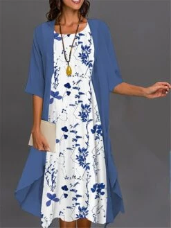 Women's Two Piece Dress Set Casual Dress Print Dress Outdoor Daily Fashion Elegant Print Midi Dress Crew Neck 3/4 Length Sleeve Floral Ombre Loose Fit Pink Dark Pink Blue Summer Spring S M L XL XXL -HANA Luxury Wear Shop orviaw1688725807307