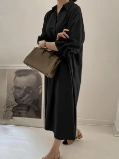 Women's Shirt Dress Casual Dress Cotton Linen Dress Maxi Long Dress Linen / Cotton Blend Basic Classic Outdoor Daily Vacation Shirt Collar Button Split Long Sleeve Spring Fall Autumn 2023 Loose Fit -HANA Luxury Wear Shop oscpah1692084358712