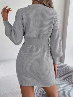 Women's Sweater Dress Winter Dress Jumper Dress Mini Dress Active Pure Color Outdoor Casual Holiday Vacation V Neck Long Sleeve Button 2023 Regular Fit White Pink Green S M L -HANA Luxury Wear Shop otesgn1696926545903