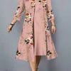 Women's Plus Size Two Piece Dress Set Casual Dress Swing Dress Outdoor Office Fashion Streetwear Print Midi Dress Crew Neck 3/4 Length Sleeve Floral Regular Fit Pink Blue Khaki Fall Winter L XL XXL -HANA Luxury Wear Shop otlzrs1696907468197