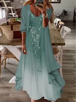 Women‘s Casual Dress Dress Set Two Piece Dress Long Dress Maxi Dress Blue Half Sleeve Print Ruched Summer Spring Fall V Neck Basic Daily Date 2023 S M L XL XXL 3XL -HANA Luxury Wear Shop otmztg1680836597379