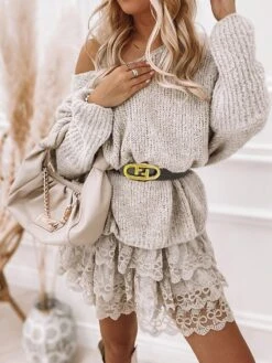 Women‘s Sweater Dress Winter Dress Knit Dress Mini Dress Beige Long Sleeve Floral With Belt Fall Winter Autumn V Neck Stylish Winter Dress Fall Dress 2023 S M L XL XXL 3XL -HANA Luxury Wear Shop otnvgr1669778490117