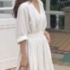 Women's Cotton Linen Dress Loose White Dress Maxi Long Dress Linen Cotton Blend Casual V Neck Puff Sleeve Tie Belt Half Sleeve Summer Spring 2022 Regular Fit Black White Pure Color S M L XL