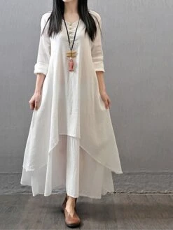 Women's Casual Dress Cotton Dress Swing Dress Maxi Long Dress Cotton Stylish Casual Winter Dress Daily Holiday V Neck Button Layered Long Sleeve Summer Spring Fall 2022 Loose Fit Black White Yellow -HANA Luxury Wear Shop oucfau1657786369109