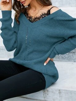 Women's Sweater Dress Winter Dress Jumper Dress Mini Dress Patchwork Cold Shoulder Daily Date Going Out Active Fashion V Neck Long Sleeve 2023 Loose Fit Black Blue Gray Color S M L XL Size -HANA Luxury Wear Shop oucveg1692857017045