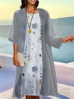 Women's Two Piece Dress Set Casual Dress Print Dress Outdoor Daily Fashion Elegant Print Midi Dress Crew Neck 3/4 Length Sleeve Floral Ombre Regular Fit Blue Green Gray Summer Spring S M L XL XXL -HANA Luxury Wear Shop oufaqi1680845395617