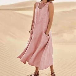 Women‘s Casual Dress Cotton Dress Shift Dress Midi Dress Blue Pink Khaki Sleeveless Pure Color Pocket Spring Summer Crew Neck Basic Daily Vacation Weekend Loose Fit 2023 S M L XL XXL -HANA Luxury Wear Shop ourimx1648535262670
